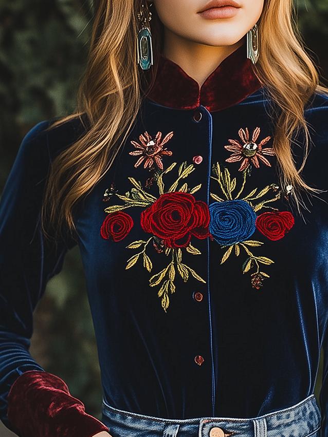 Chic Constract Trim Floral Embroidery Velvet Shirt