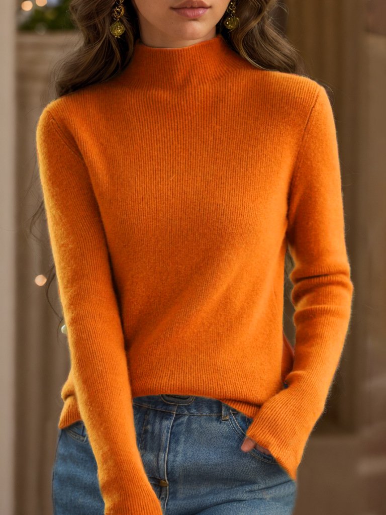 Base Mock Neck Solid Color Ribbed Knited Sweater