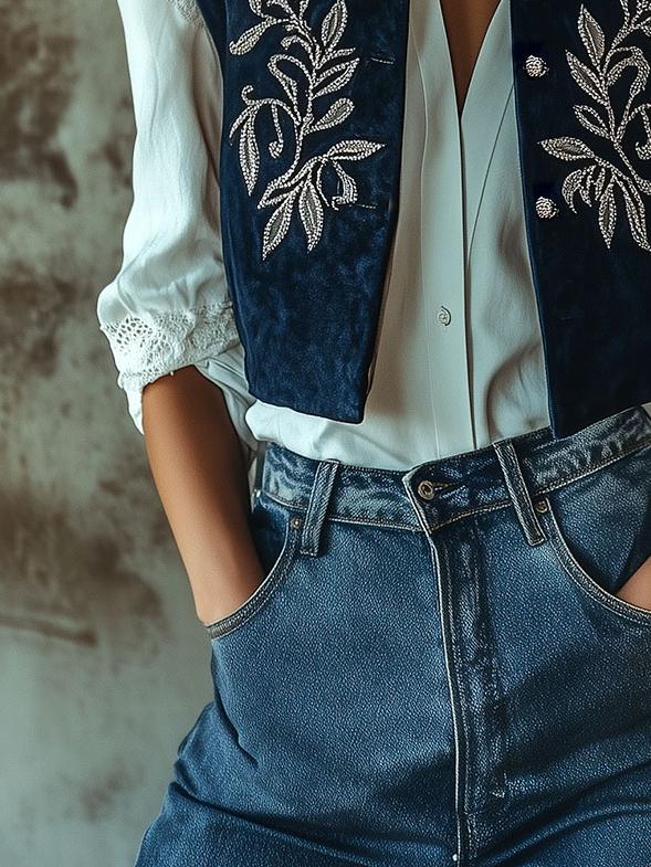 Retro Crew Neck Silver Leaves Embroidery Suede Vest