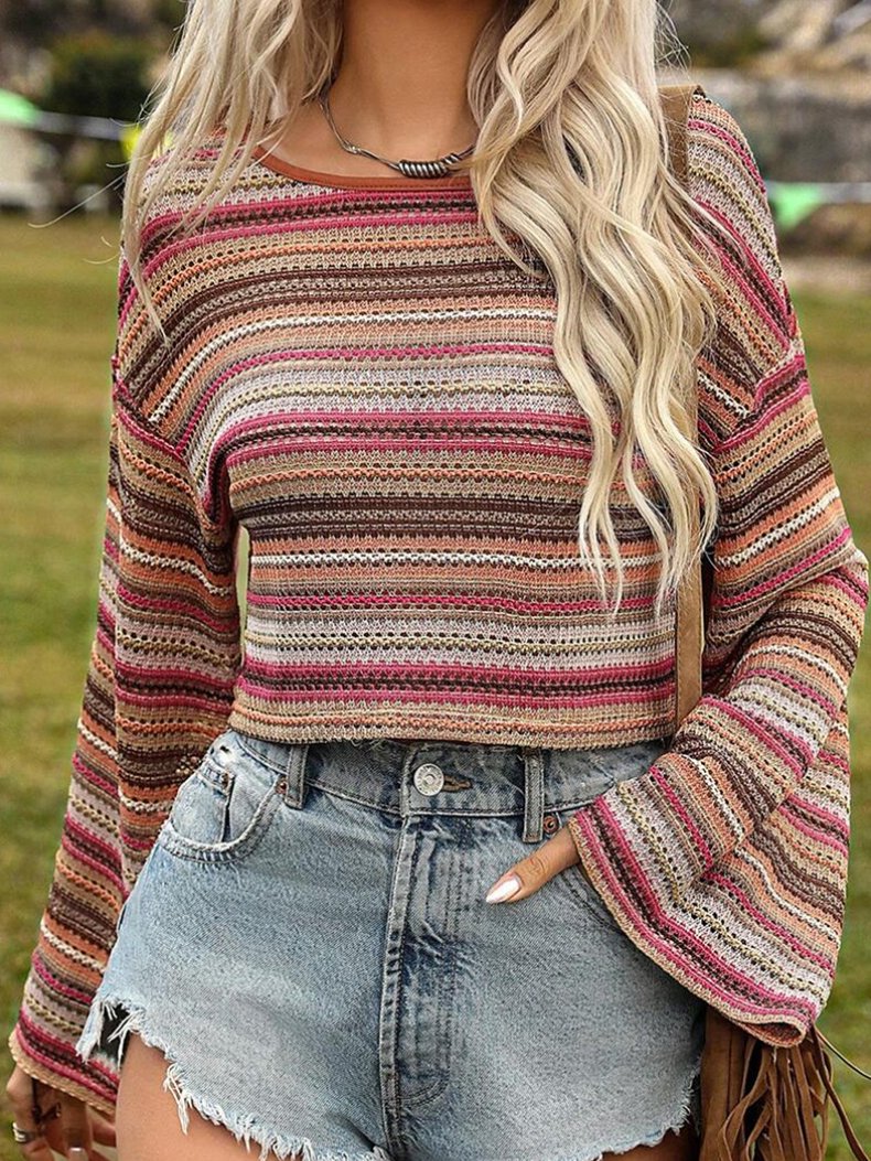 Chic Multi-color Striped Bell Sleeves Knited Loose Sweater