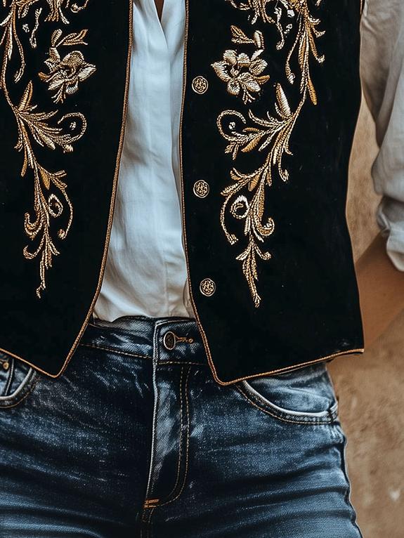 Retro Gold and Silver Embroidery Button Down Suede Vest