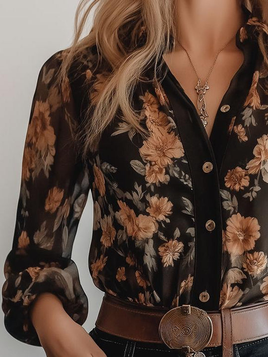 Boho Floral Printed Sheer Three-quater Sleeve Shirt