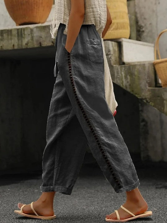 Lace Panel Cotton Linen Trousers