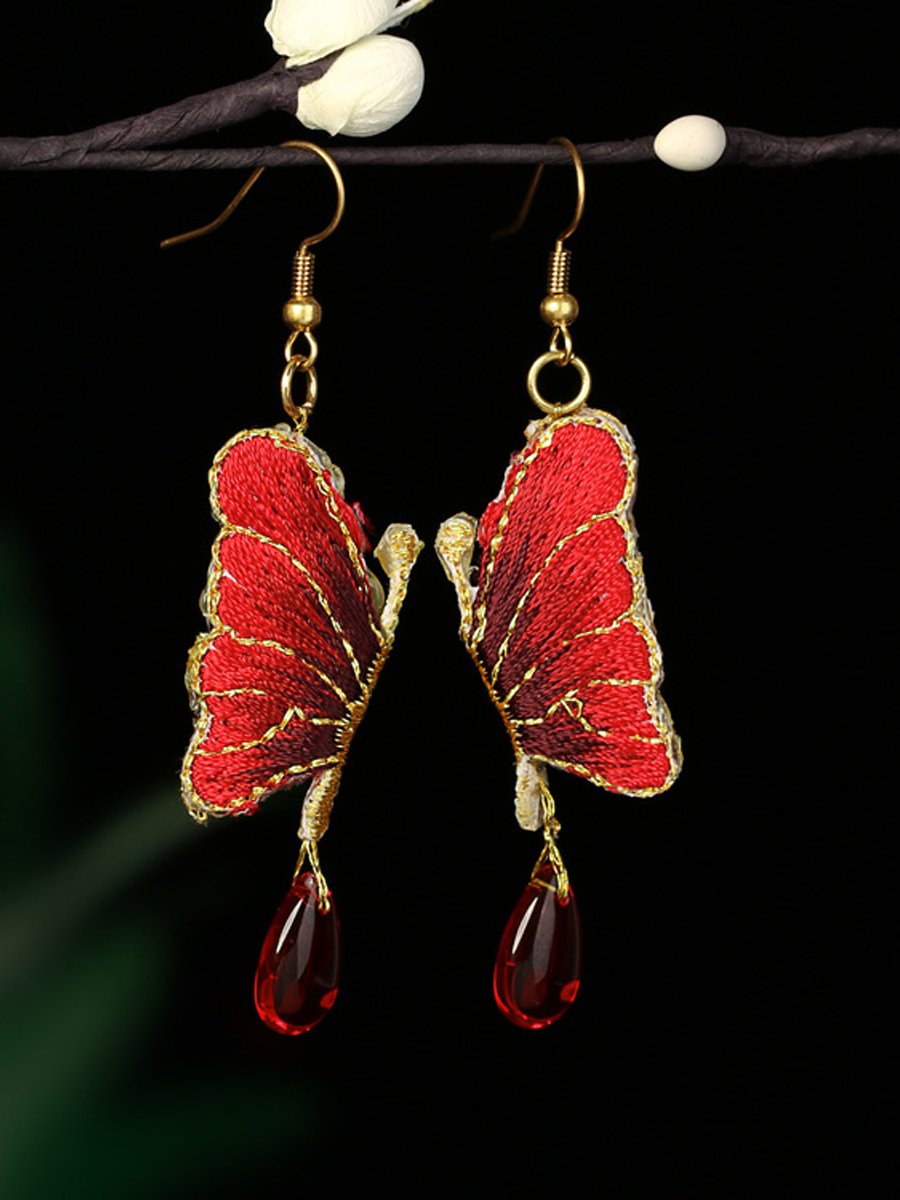 Water Drop Glass Embroidery Butterfly Earrings