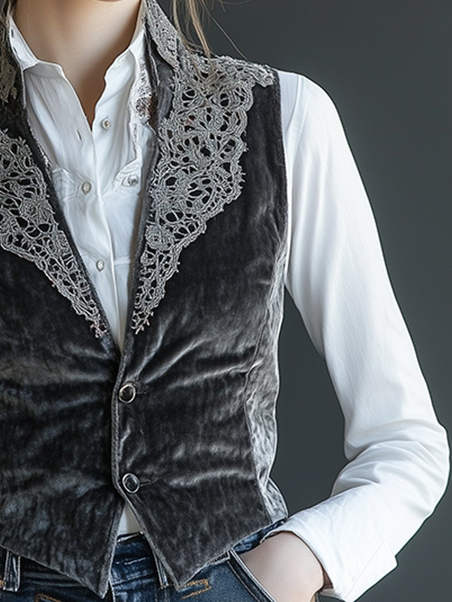 Timeless Grey Velvet Vest with Lace Accents