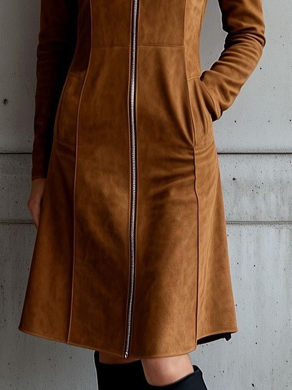 Elegant Stand Collar Zipper-up Long Sleeve Suede Dress