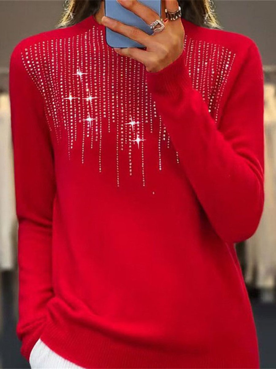 Diamond-Embellished Half-Mocked Knitted Sweater