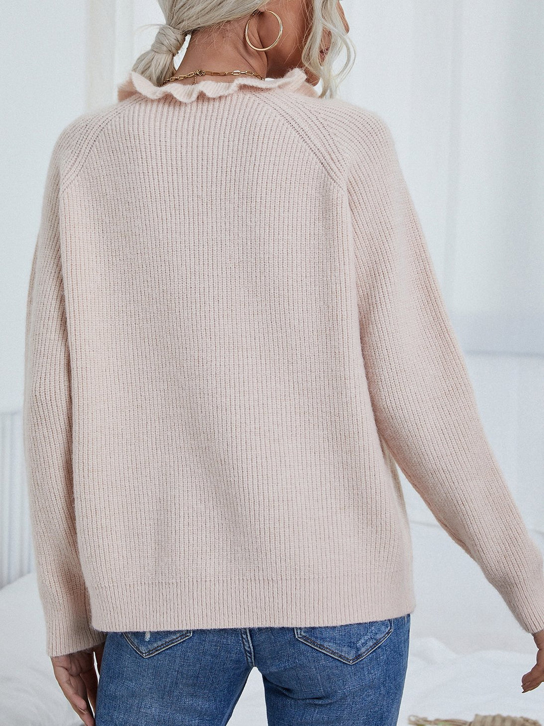 Elegant Ruffled Neck Knit Ribbed Texture Pullover Sweater