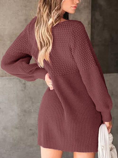 V-neck Lantern Sleeve Jacquard Knitted Sweater Dress