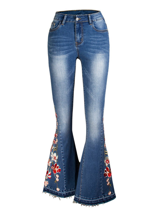 Handmade Embroidered Flower Slim-fit Flare Jeans