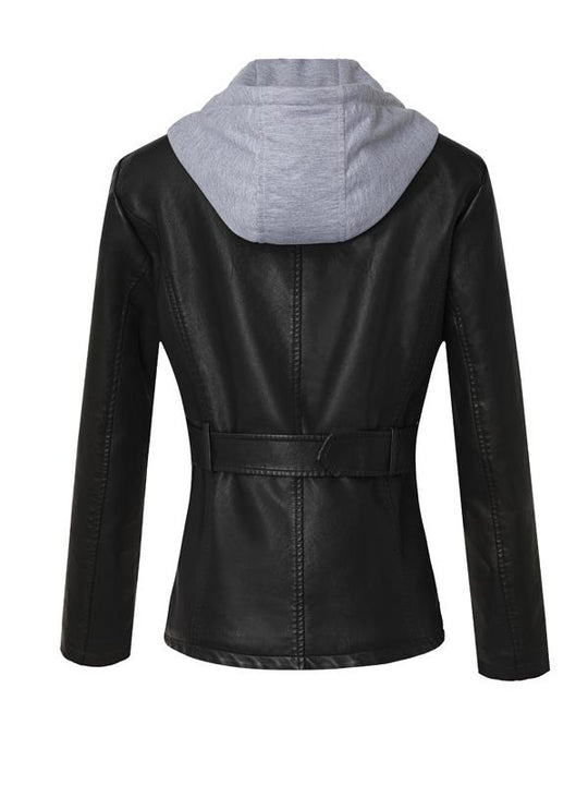 Stylish Hooded Zipper-up Waist Belt Leather Jacket