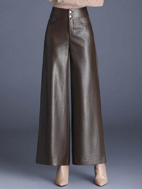 Chic Solid Color High Waist Wide-leg Leather Pants