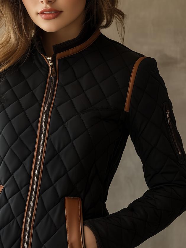 Stylish Constract Trim Diamond-quilted Padded Jacket