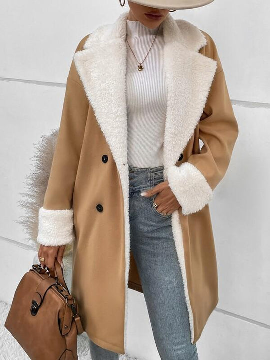 Stylish Fur Trim Button Down Woolen Trench Coat