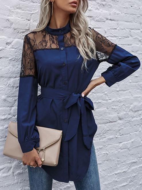 Elegant Lace Patchwork Stand Color Long Sleeves Shirt