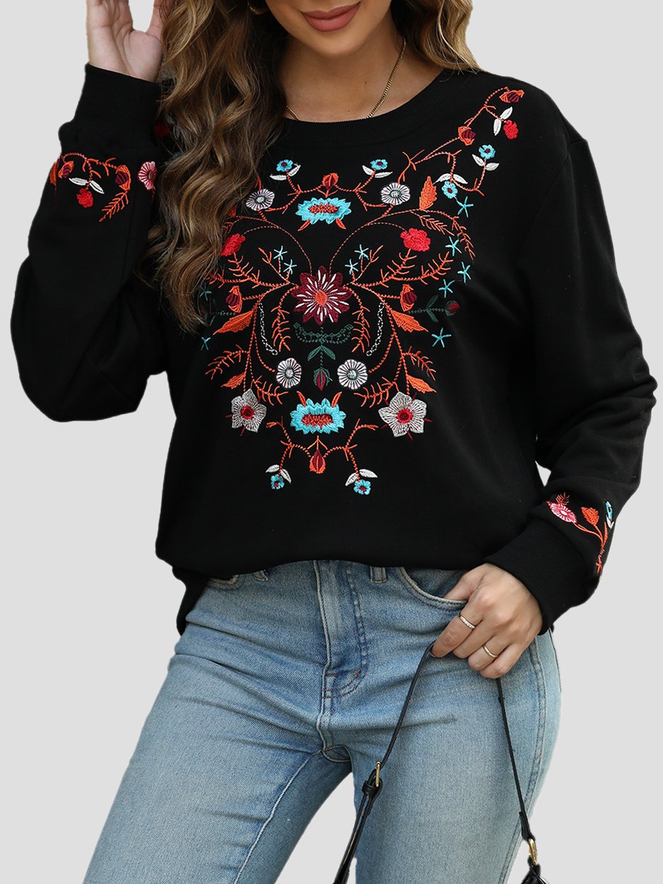 Elegant Floral Embroidered Ribbed Loose-Fitting Sweatshirt