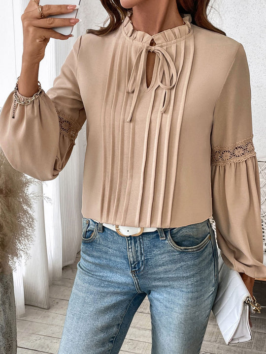 Elegant V-neck Tie-up Hollow Lace Patchwork Sleeves Shirt