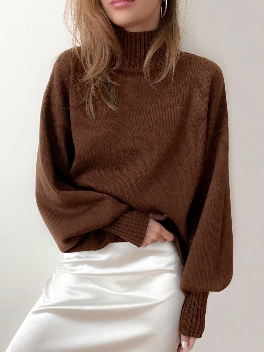 Women's Solid Color Puff Sleeve High Collar Casual Sweater