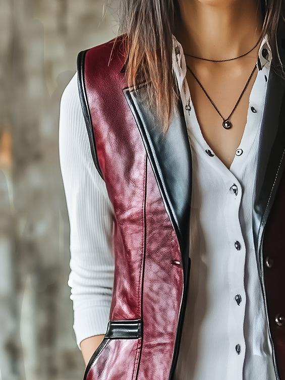 Chic Color-blocking Mid-length Leather Vest