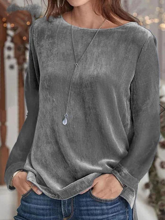 Women's Round Neck Solid Color Casual Velvet Top