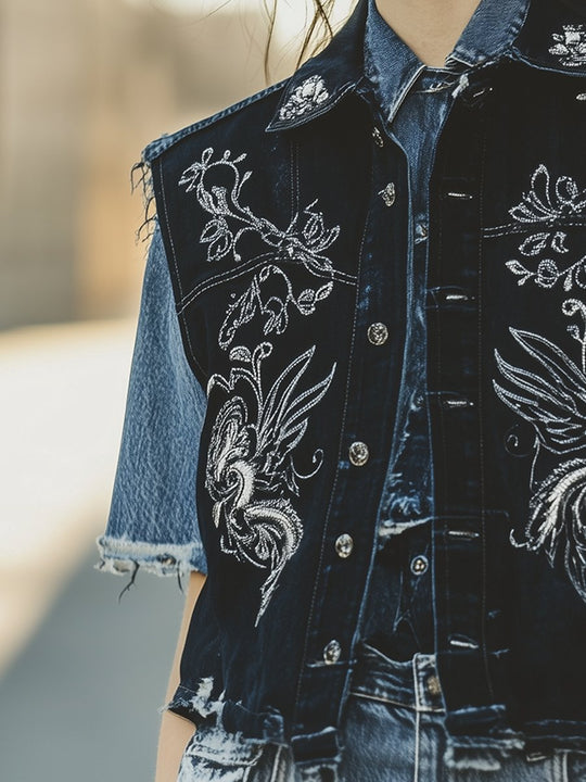 Celestial Embroidered Denim Vest