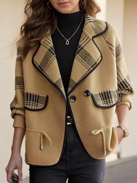 Retro Suit Collar Plaid Patchwork Knited Jacket