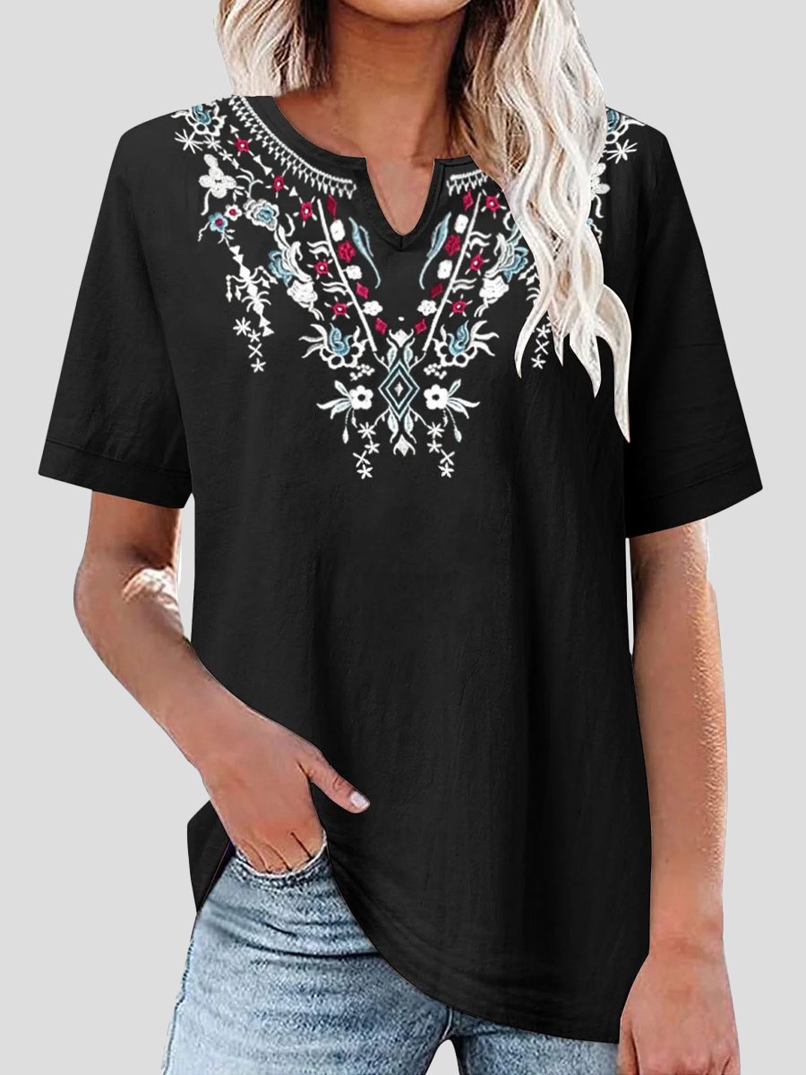 Cotton Linen Embroidered V-Neck Short Sleeve T-Shirt