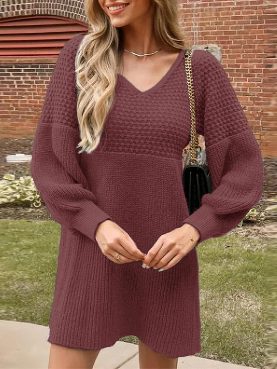 V-neck Lantern Sleeve Jacquard Knitted Sweater Dress