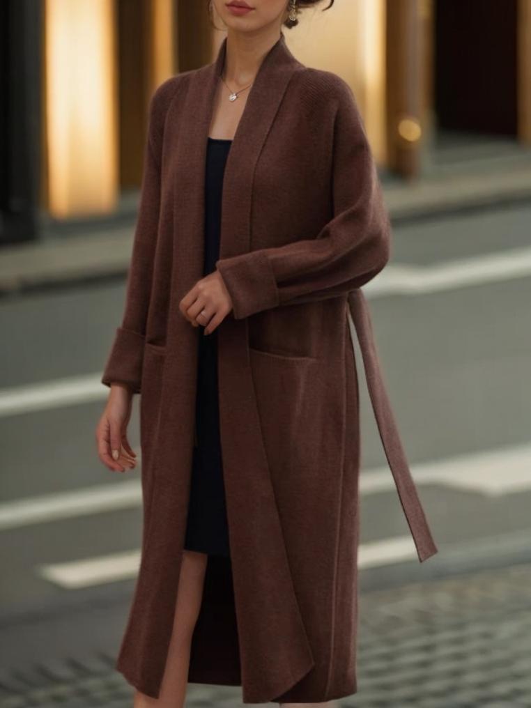 Shawl Collar Belt Pockets Knitted Cardigan Long Coat