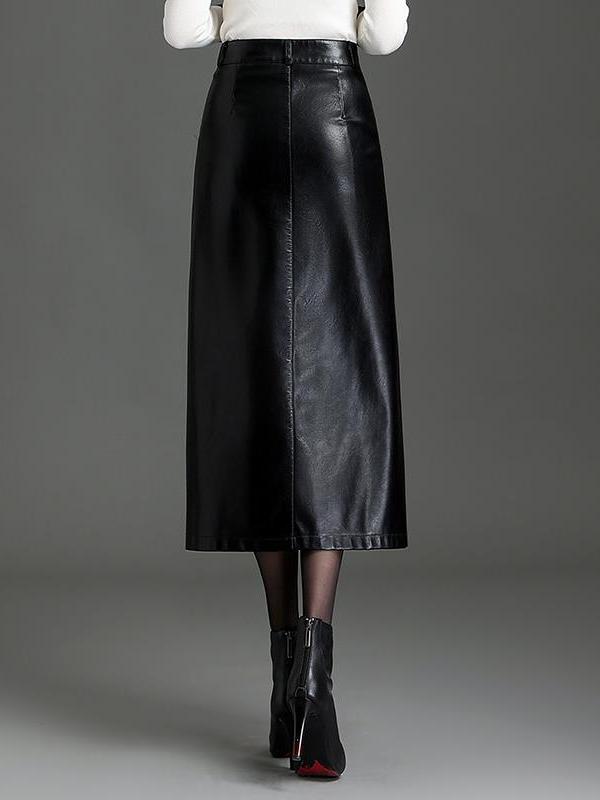 Elegant Side Slit Straight PU Leather Pencil Skirt