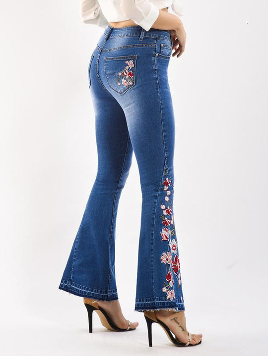 Handmade Embroidered Flower Slim-fit Flare Jeans