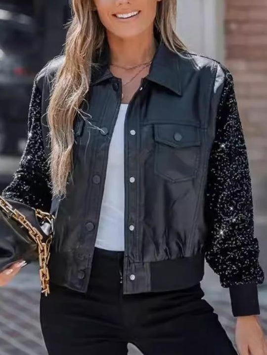 Chic Sequins Patchwork Sleeves Leather Motorcycle Jacket