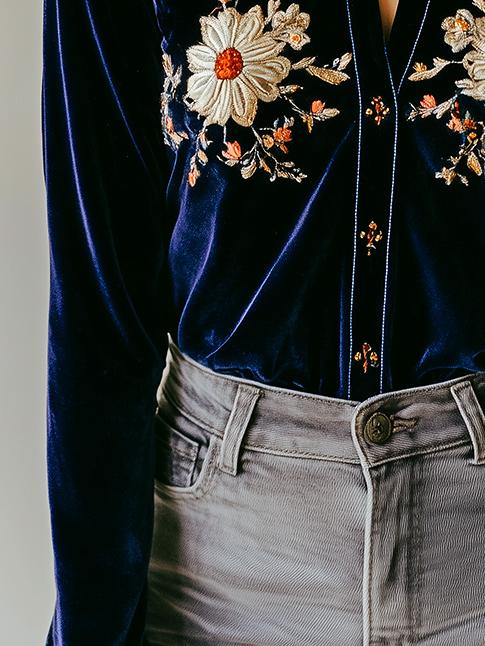 Chic Floral Embroidery Button Down Velvet Shirt