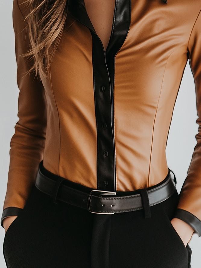 Chic Lapel Constract Trim Single-breasted Leather Shirt