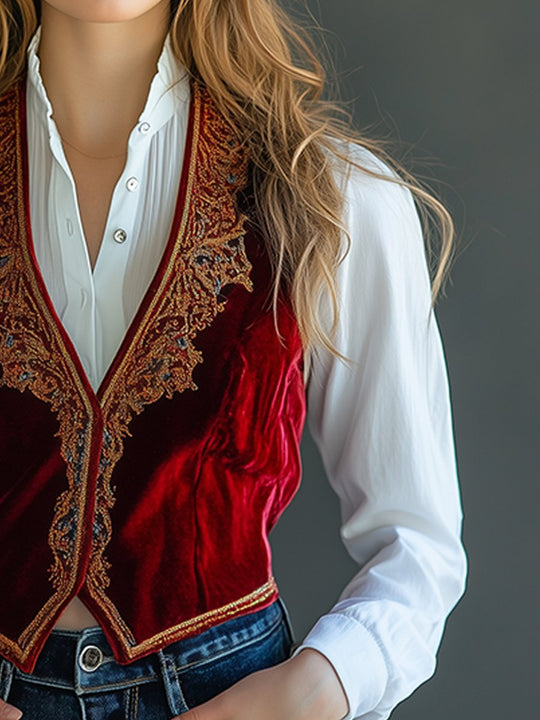 Vintage Burgundy Velvet Embroidered Vest