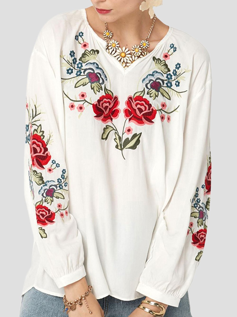 Retro V-neck Flower Embroidery Loose Blouse