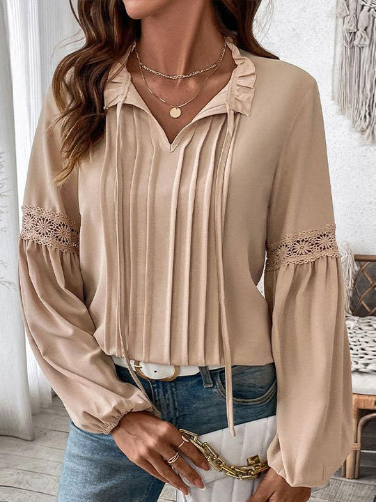 Elegant V-neck Tie-up Hollow Lace Patchwork Sleeves Shirt