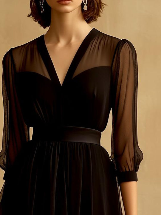 Chic V-neck Sheer Sleeve Chiffon Midi Dress