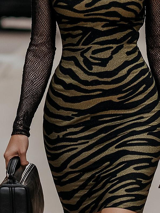 Stylish Mesh Patchwork Zebra-print Pattern Bodycon Dress