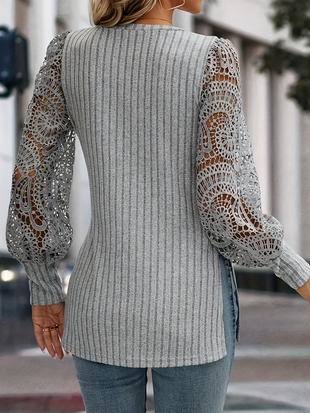 Elegant Hollow-out Lace Sleeves Knited T-shirt