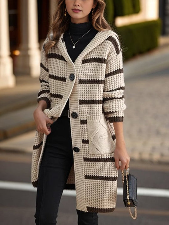 Classic Stripe Pattern Pockets Knitted Cardigan Hooded Coat