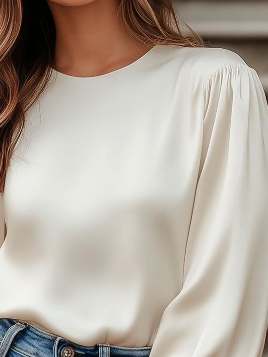 Minimalist Round Neck Balloon Sleeve Satin Blouse