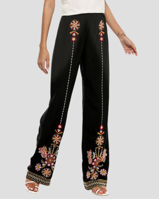 Elegant Embroidered Elastic Waist Loose Fit Straight-leg Pants