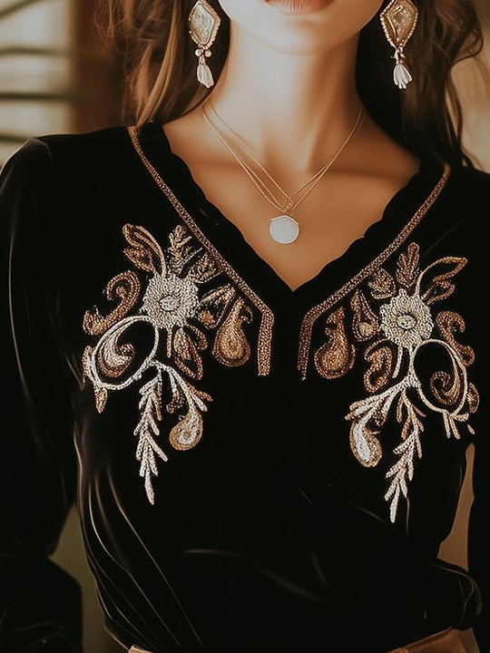 Chic Bohemian Embroidery Long Sleeves Velvet T-shirt