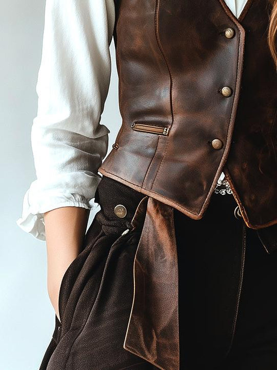 Vintage Single-breasted Side Pockets Leather Vest