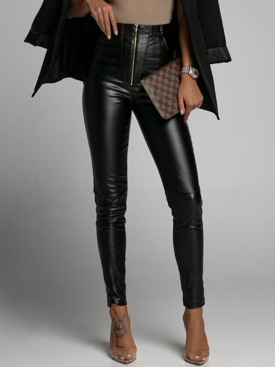 Chic Zipper-up Slim Fit PU Leather Leggings