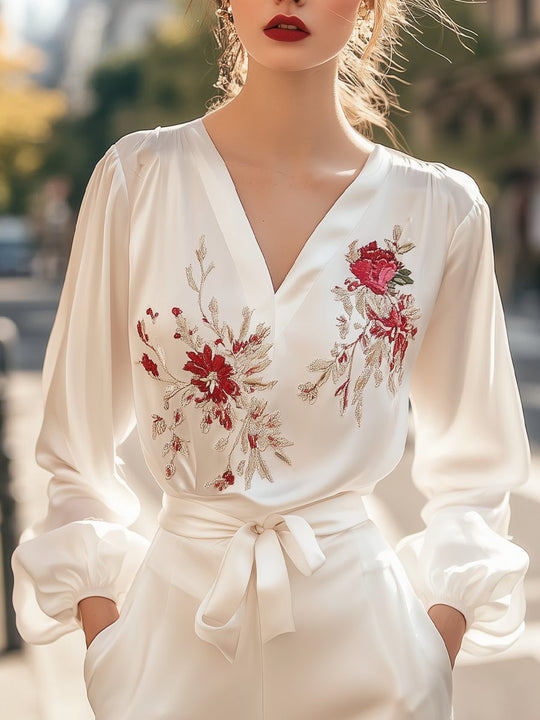 Romantic Red Floral Embroidered Satin Blouse