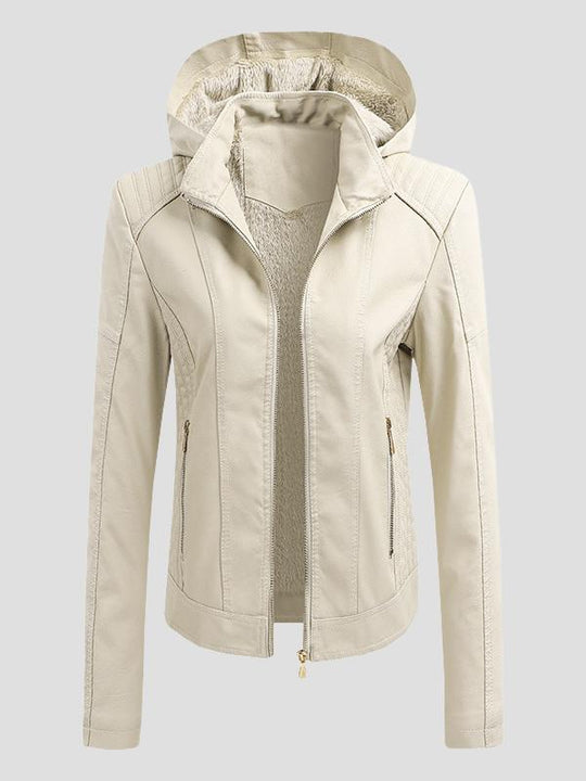 Stylish Warm Lined Detachable Hood Pockets Leather Jacket