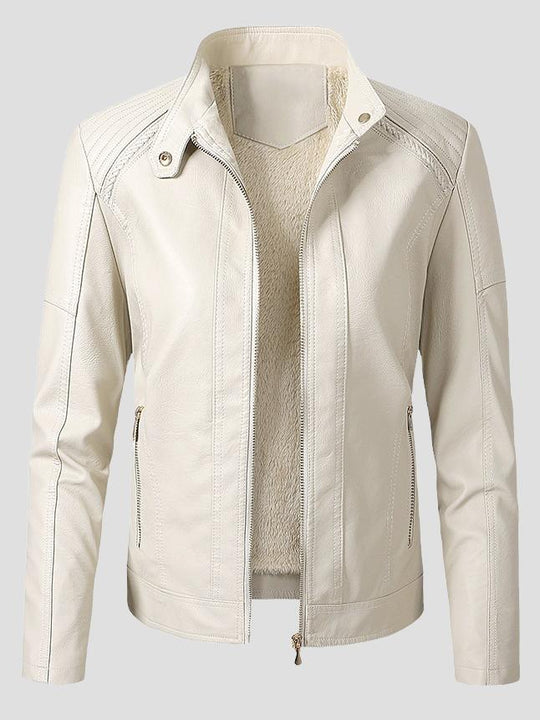 Women Warm Lined Stand Collar Leather Biker Jacket