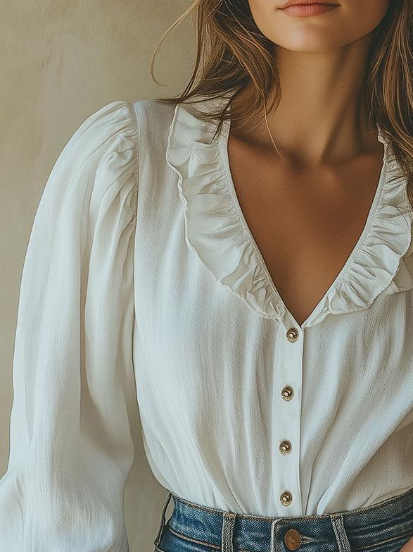 Boho Ruffled Trim Single-breasted Cotton and Linen Shirt